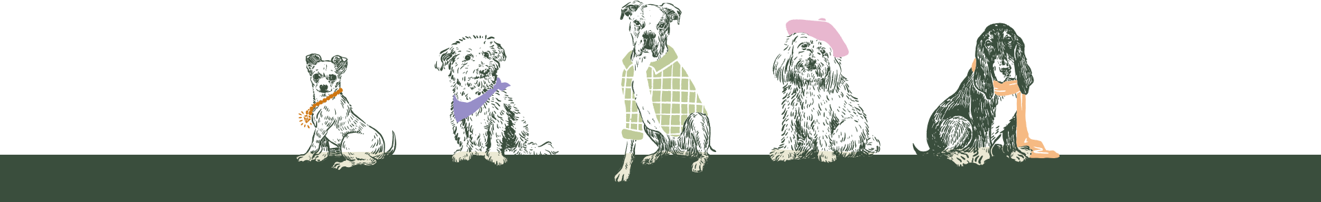Five illustrated dogs waiting together